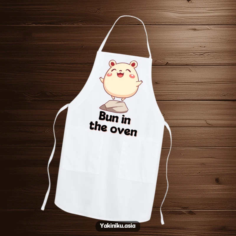 Funny bao bun apron, grinning and balancing precariously on tiny legs, designed for kitchen fun and culinary protection.