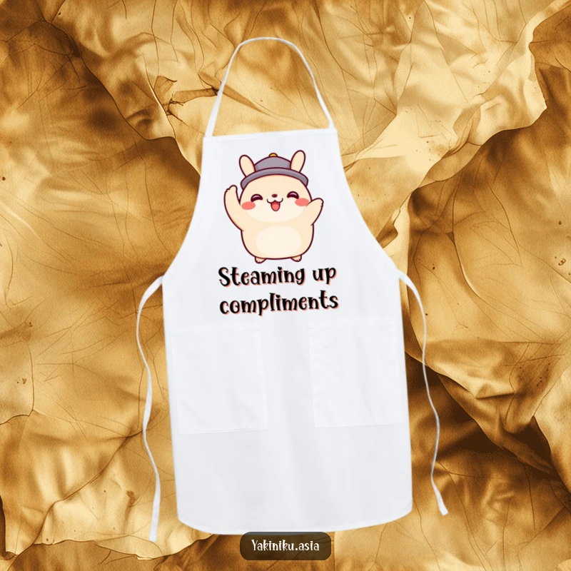 Funny happy bao bun character tipping an imaginary hat on an apron, bringing charm to the kitchen, a delightful funny gift.