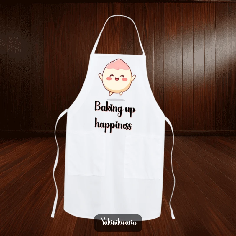Funny mochi apron featuring a smiling dessert character happily bouncing, perfect for kitchen fun and protection.