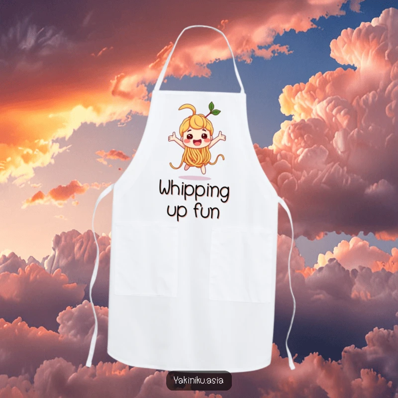 Funny noodle character doing a joyful loop-the-loop on an apron, adding excitement to cooking, a hilarious funny gift.