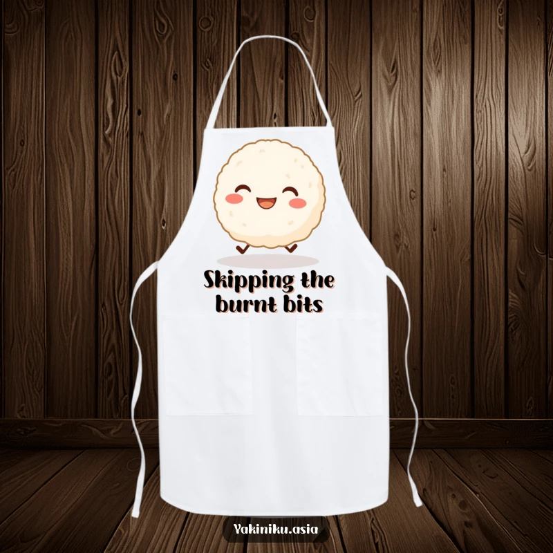 Funny apron with a grinning rice ball character with tiny legs cheerfully skipping, perfect for a fun and happy kitchen. Great funny gift.