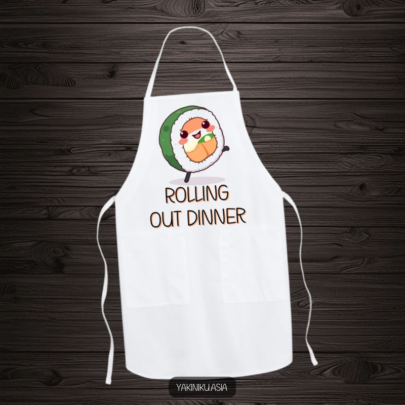 Funny sushi roll apron, performing a cartwheel with gusto, designed for kitchen fun and culinary protection.