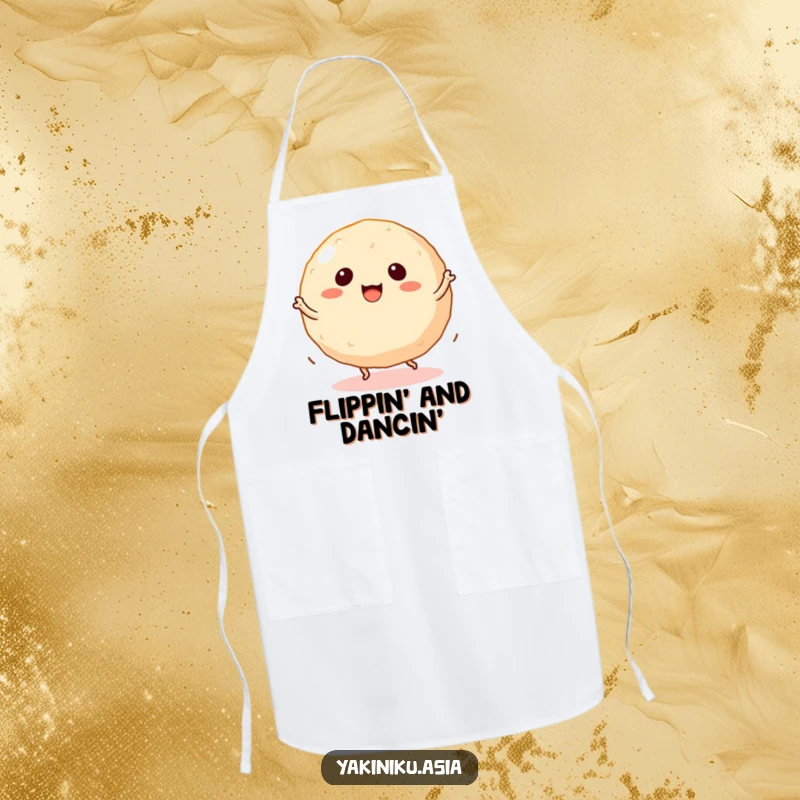 Funny takoyaki apron featuring a dancing ball snack with tiny legs spinning, perfect for kitchen creativity.