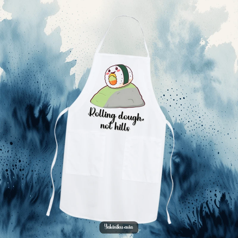 Funny apron with a stylized piece of sushi gleefully rolling down a hill, perfect for a fun and foodie kitchen. Great funny gift.