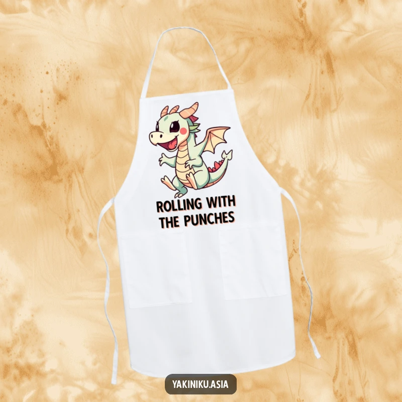 Funny apron showing a cartwheeling sushi dragon roll, perfect for chefs and home cooks who enjoy a playful and humorous kitchen atmosphere.