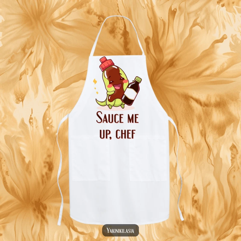Funny edamame apron featuring a cheerful bean character playing with a soy sauce bottle, perfect for kitchen fun.