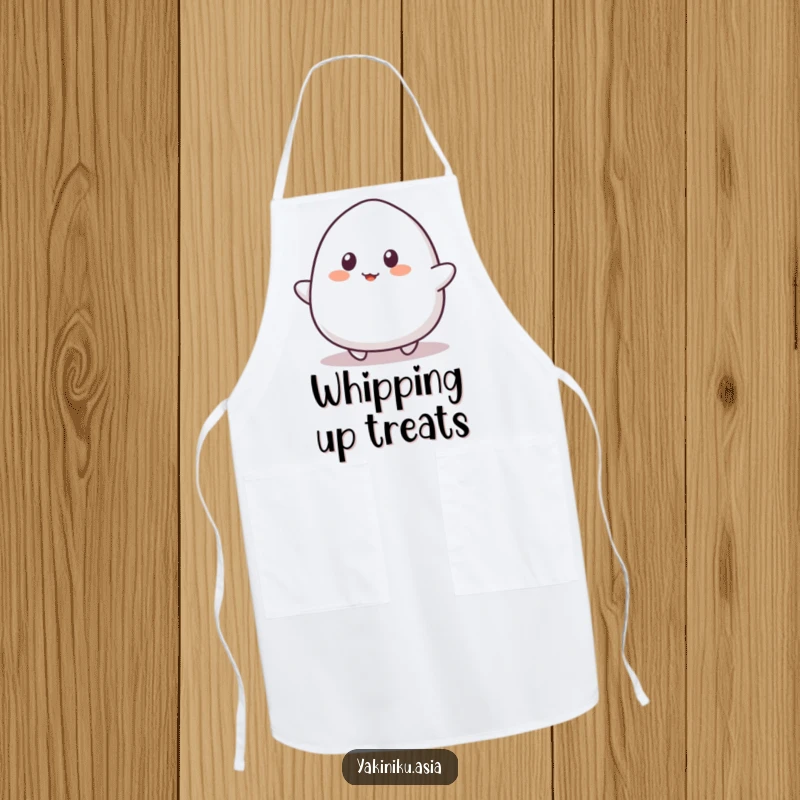 Funny mochi apron, bouncing playfully with simple eyes, designed for kitchen fun and culinary protection.