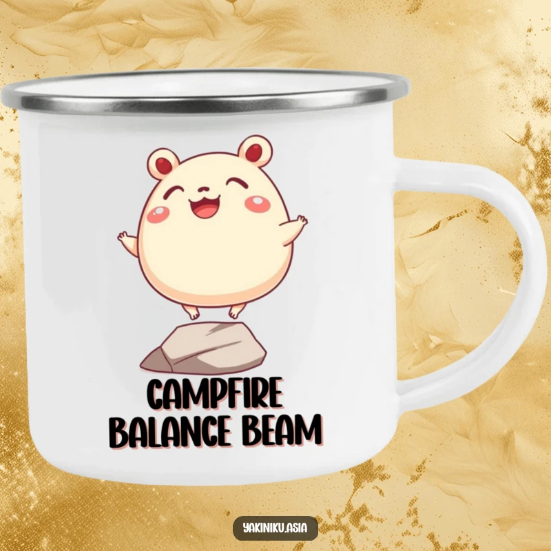 Funny bao bun camping mug, ready for adventure and balancing precariously, a humorous and practical companion.