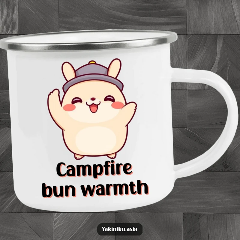 Funny happy bao bun character tipping an imaginary hat on a camping mug, perfect for friendly outdoor moments, a charming funny gift.