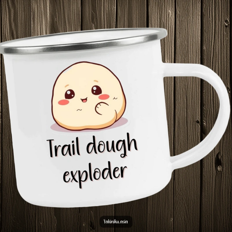 Funny dumpling camping mug, ready for adventure and happily rolling, a humorous and practical companion.
