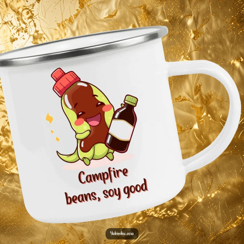 Funny edamame camping mug featuring a cheerful bean character playing with a soy sauce bottle, durable for outdoors.