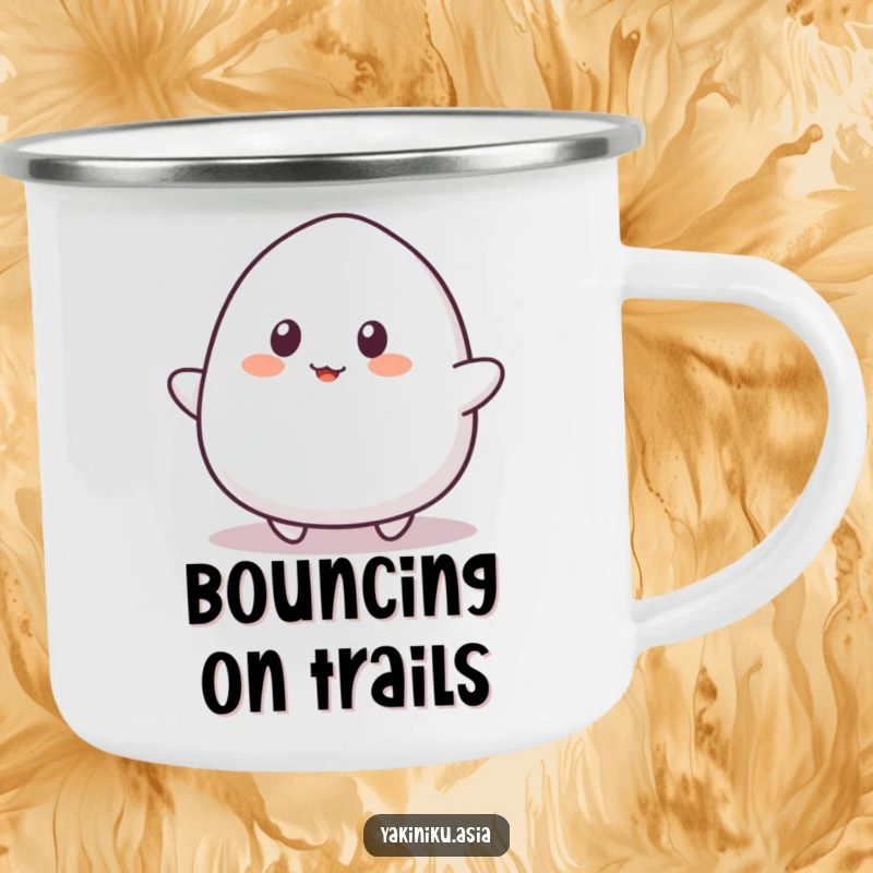 Funny mochi camping mug, ready for adventure and bouncing playfully, a humorous and practical companion.