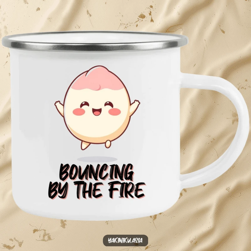 Funny mochi camping mug featuring a smiling dessert character joyfully bouncing, durable for outdoor enjoyment.
