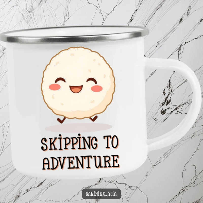 Funny camping mug with a grinning rice ball character with tiny legs cheerfully skipping, perfect for outdoor humor. Great funny gift.