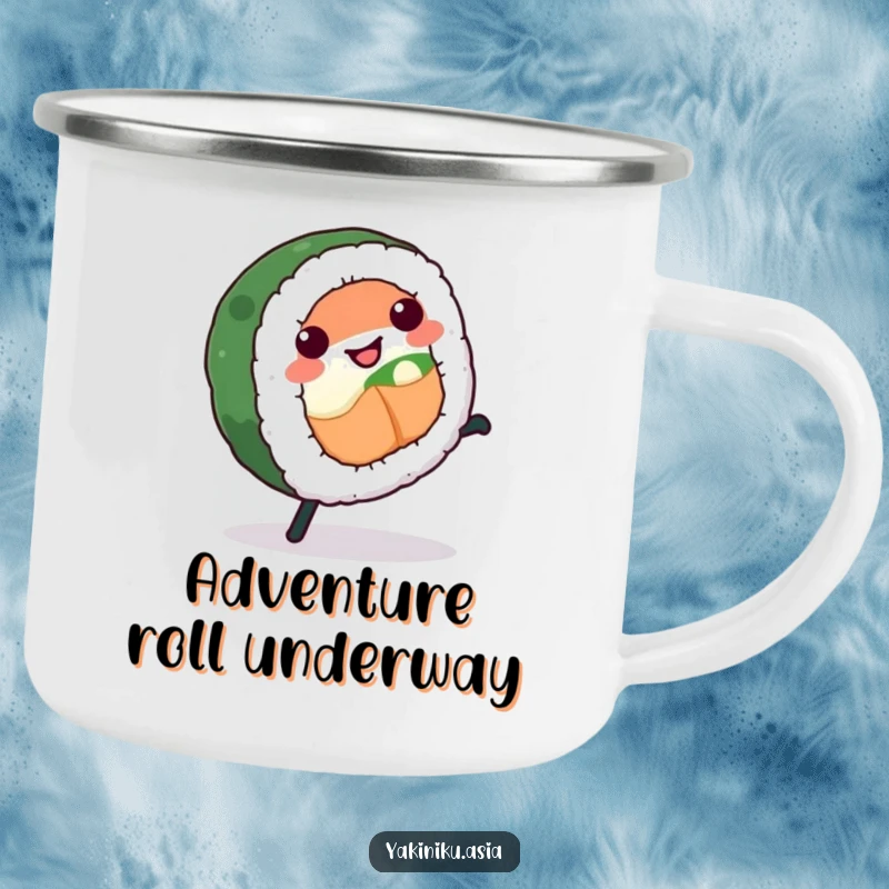 Funny sushi roll camping mug, ready for adventure and mid-cartwheel, a humorous and practical companion.