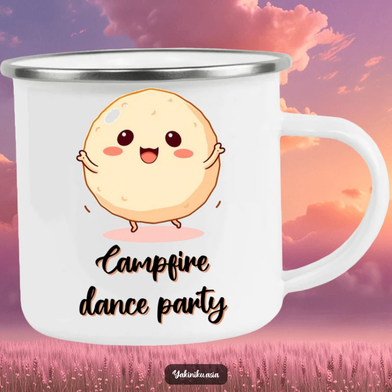 Funny takoyaki camping mug featuring a dancing ball snack with tiny legs spinning, durable for outdoor fun.