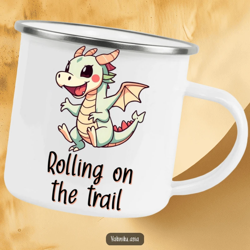 Funny camping mug showcasing a cartwheeling sushi dragon roll, built for adventure and bringing smiles to campers and hikers alike.