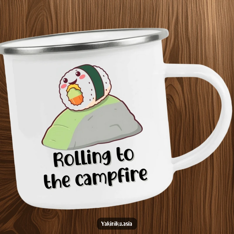 Funny camping mug with a stylized piece of sushi gleefully rolling down a hill, perfect for foodie outdoor humor. Great funny gift.