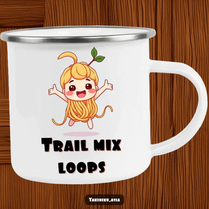 Funny noodle character doing a joyful loop-the-loop on a camping mug, ready for outdoor fun, an adventurous funny gift.