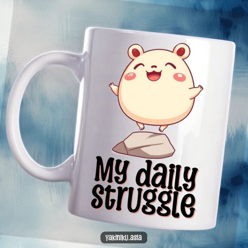 Funny bao bun mug, grinning and balancing precariously on tiny legs, a humorous design for bao lovers.