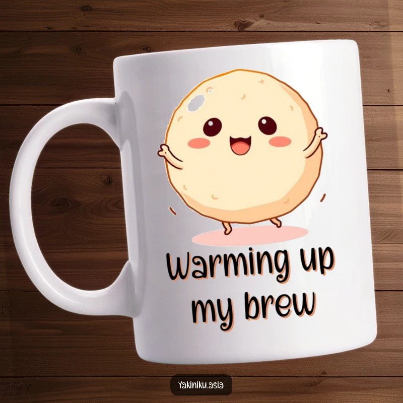 Funny takoyaki mug featuring a dancing ball-shaped snack with tiny legs spinning energetically in a fun pose.