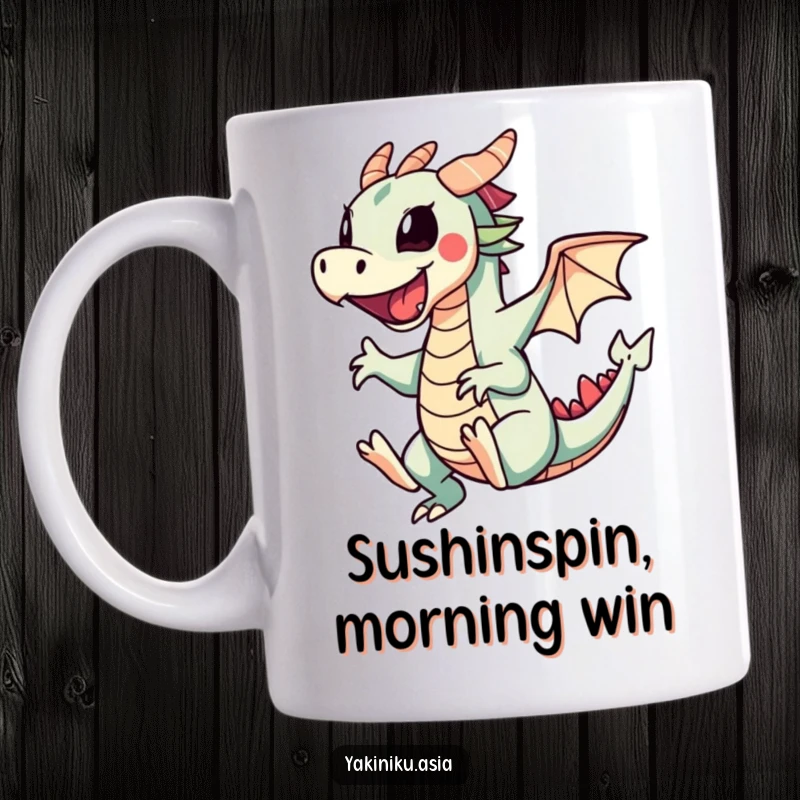 Funny mug showing a cartwheeling sushi dragon roll character, mid-air with legs akimbo, spreading joy and laughter.