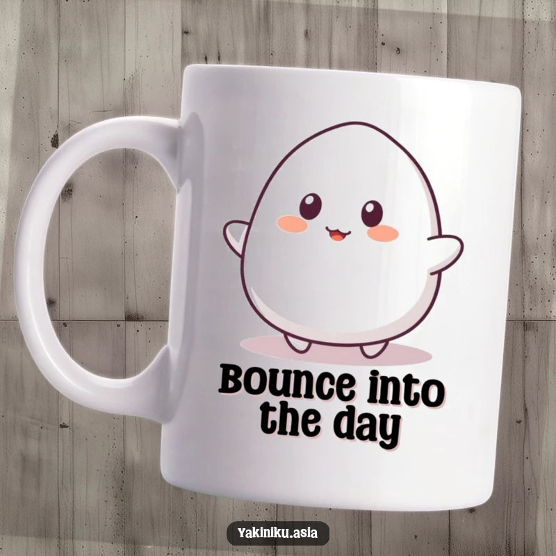 Funny mochi mug, bouncing playfully with simple eyes, a cute and humorous design for dessert lovers.