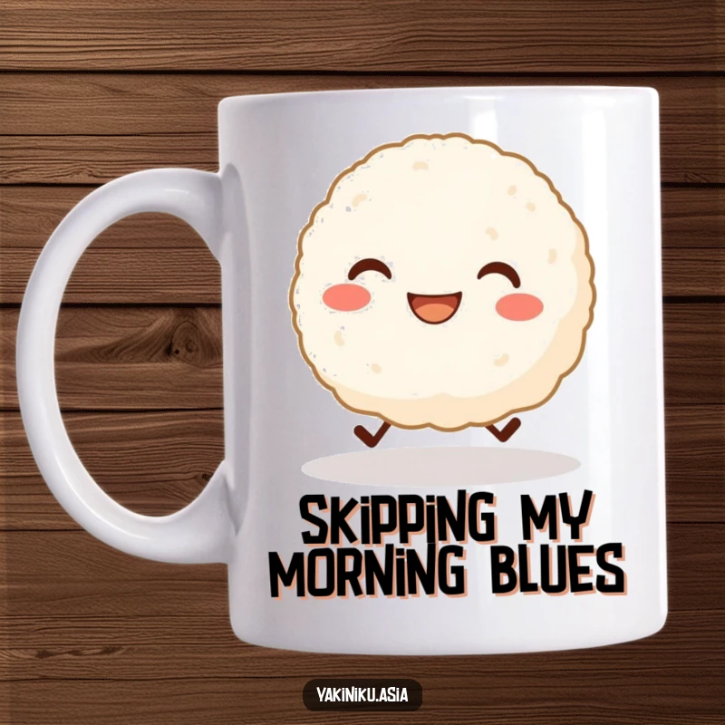 Funny mug featuring a grinning rice ball character with tiny legs cheerfully skipping, exuding happiness and energy. Great funny gift.