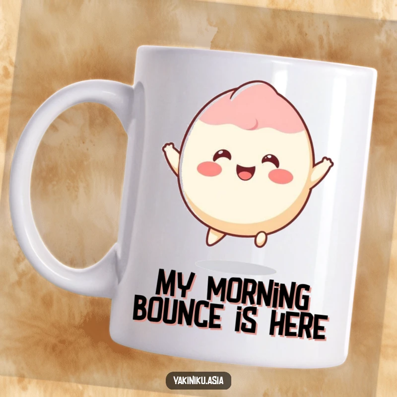 Funny mochi mug featuring a smiling, round dessert character happily bouncing with pure joy and delight.