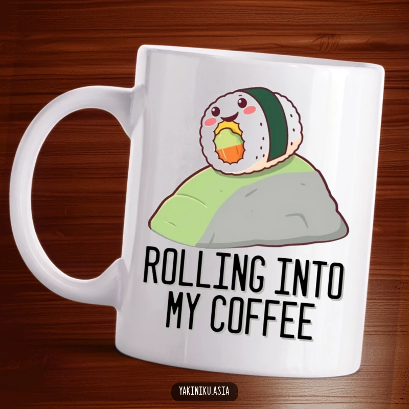Funny mug featuring a stylized piece of sushi gleefully rolling down a small hill, celebrating food fun. Great funny gift.