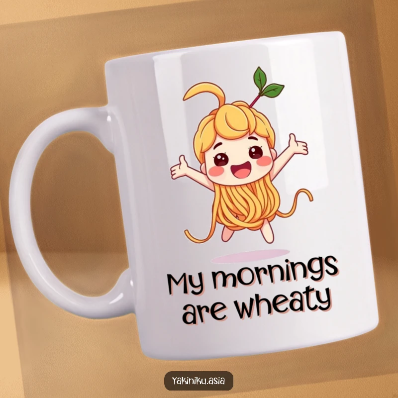 Funny noodle character doing a joyful loop-the-loop on a mug, celebrating energy and fun, perfect for a funny gift.