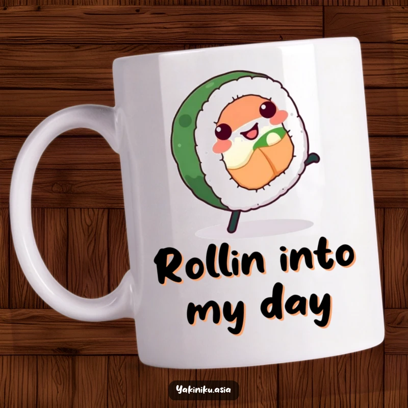 Funny sushi roll mug doing a cartwheel with a big smile, a hilarious and active design for foodies.