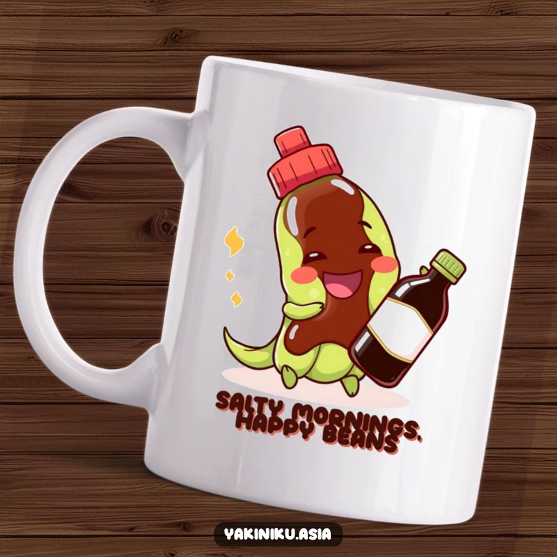 Funny edamame mug with a cheerful grinning bean playing with a soy sauce bottle, celebrating healthy snacks.