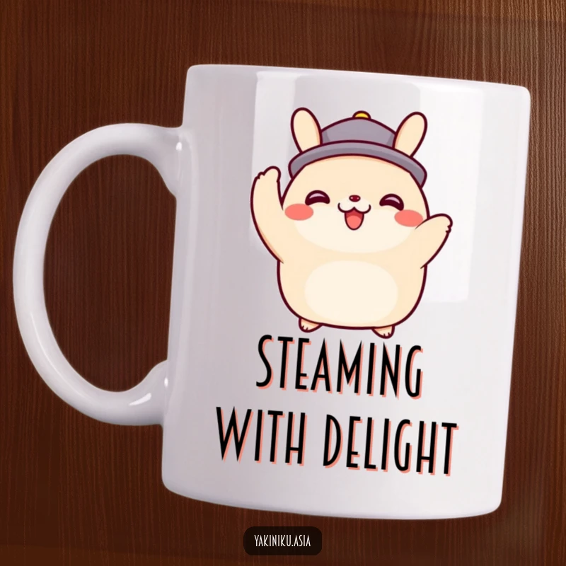 Funny happy bao bun character tipping an imaginary hat on a mug, showing polite greeting and warmth, a charming funny gift.