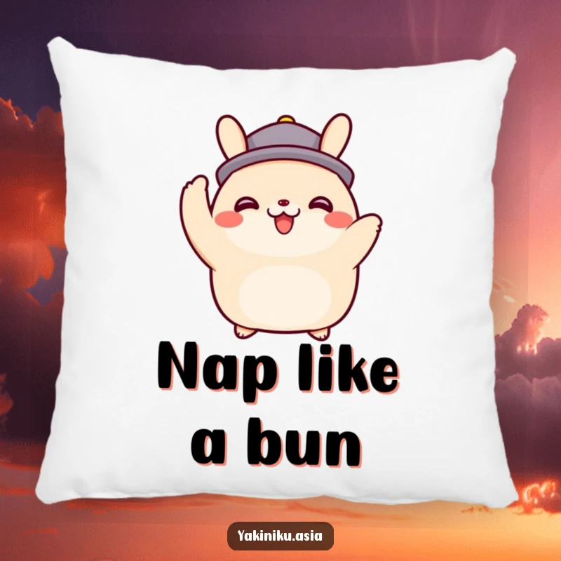 Funny happy bao bun character tipping an imaginary hat on a pillow, offering comfort and sweet charm, a soft funny gift.