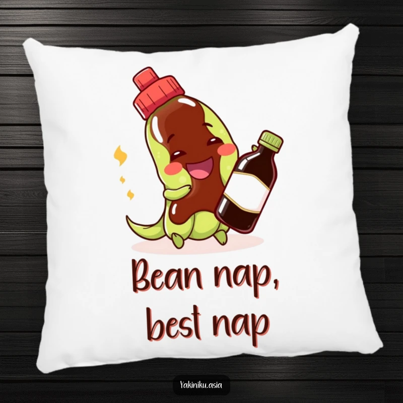 Funny edamame pillow with a cheerful grinning bean character playing with a soy sauce bottle, adding cozy charm.