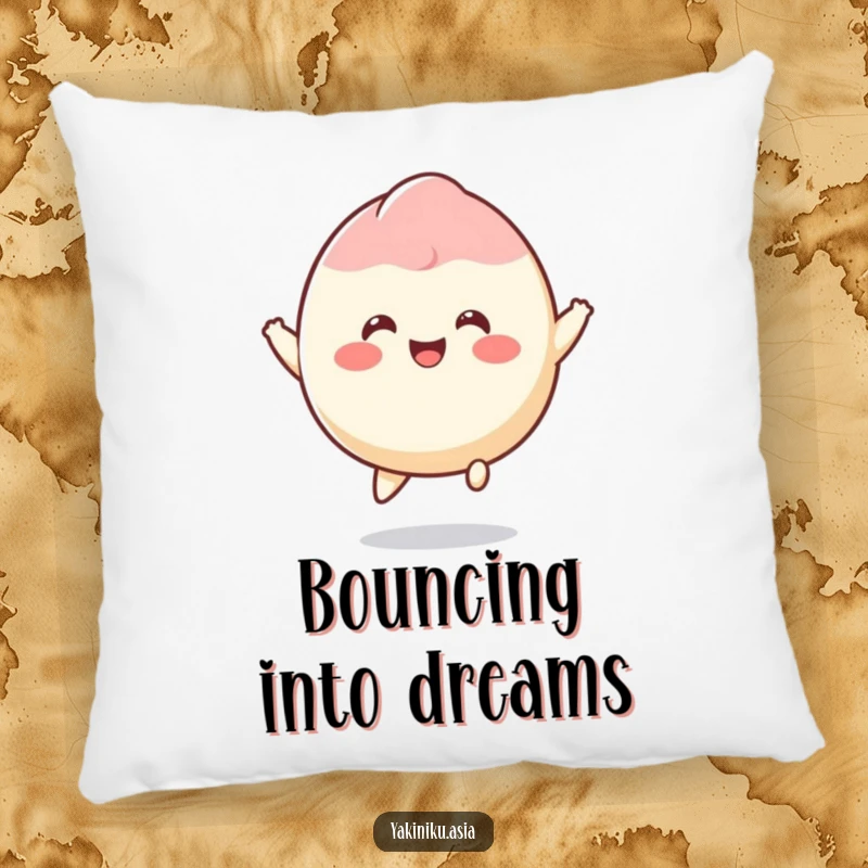 Funny mochi pillow featuring a smiling dessert character joyfully bouncing, offering cozy comfort and cheerful vibes.