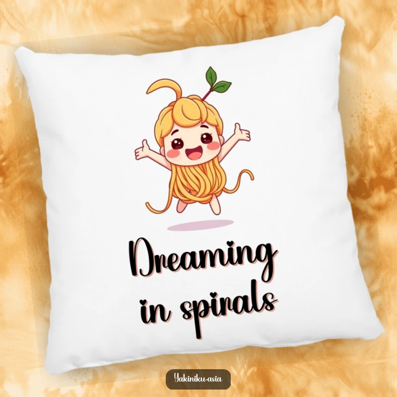 Funny noodle character doing a joyful loop-the-loop on a pillow, offering comfort and cheer, a plush funny gift.