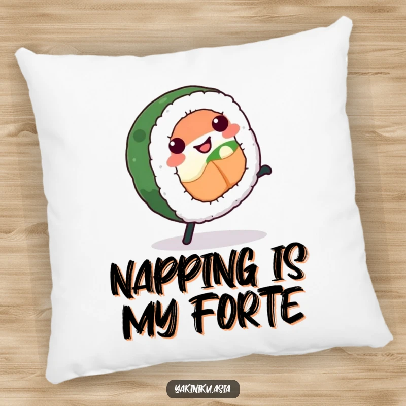 Funny sushi roll pillow, mid-cartwheel with a cheerful expression, perfect for adding comfort and humor.