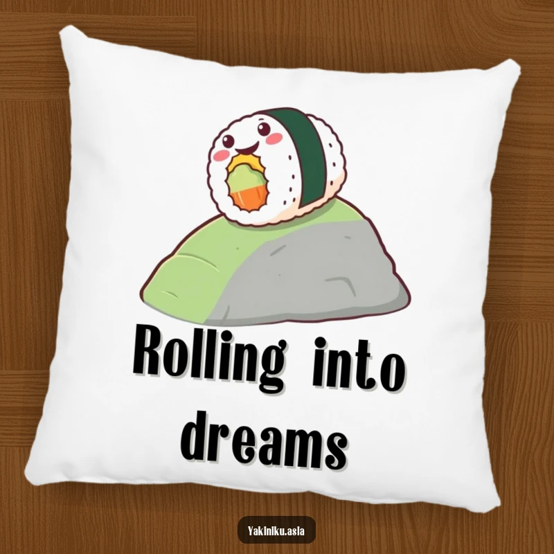 Funny pillow featuring a stylized piece of sushi gleefully rolling down a hill, radiating food fun and comfort. Excellent funny gift.