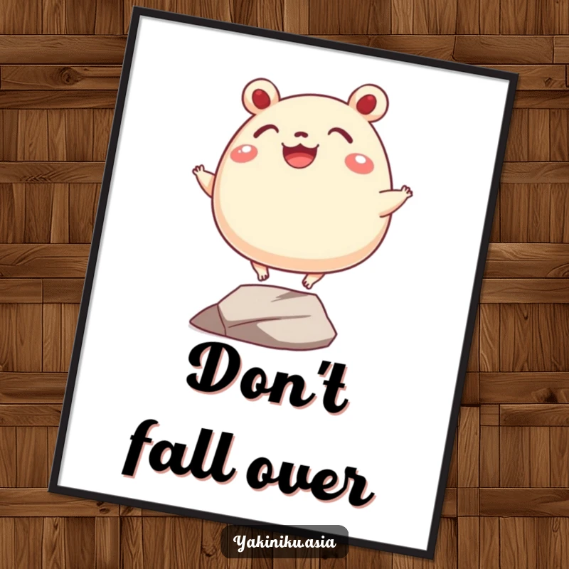 Funny bao bun digital art print, depicted grinning and balancing precariously on tiny legs, bringing cheerful humor and charm to any space.