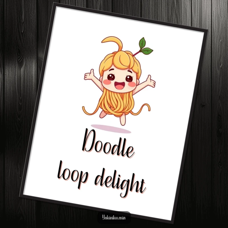 Funny noodle character doing a joyful loop-the-loop in a digital art print, conveying energy and happiness, a quick funny gift.
