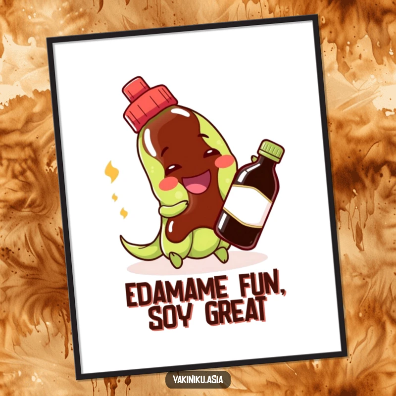 Funny edamame digital art print of a cheerful bean character playing with a soy sauce bottle, bringing playful vibes.