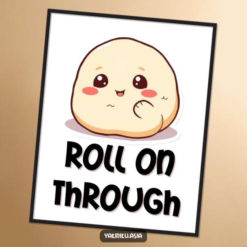 Funny dumpling digital art print, depicted happily rolling with eyes, bringing cheerful humor and charm to any space.