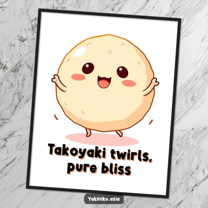 Funny takoyaki digital art print of a dancing ball snack with tiny legs spinning, adding energetic flair.