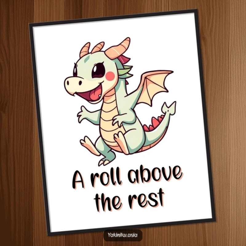 Funny digital art print of a cartwheeling sushi dragon roll, capturing dynamic movement and playful energy for immediate visual delight.