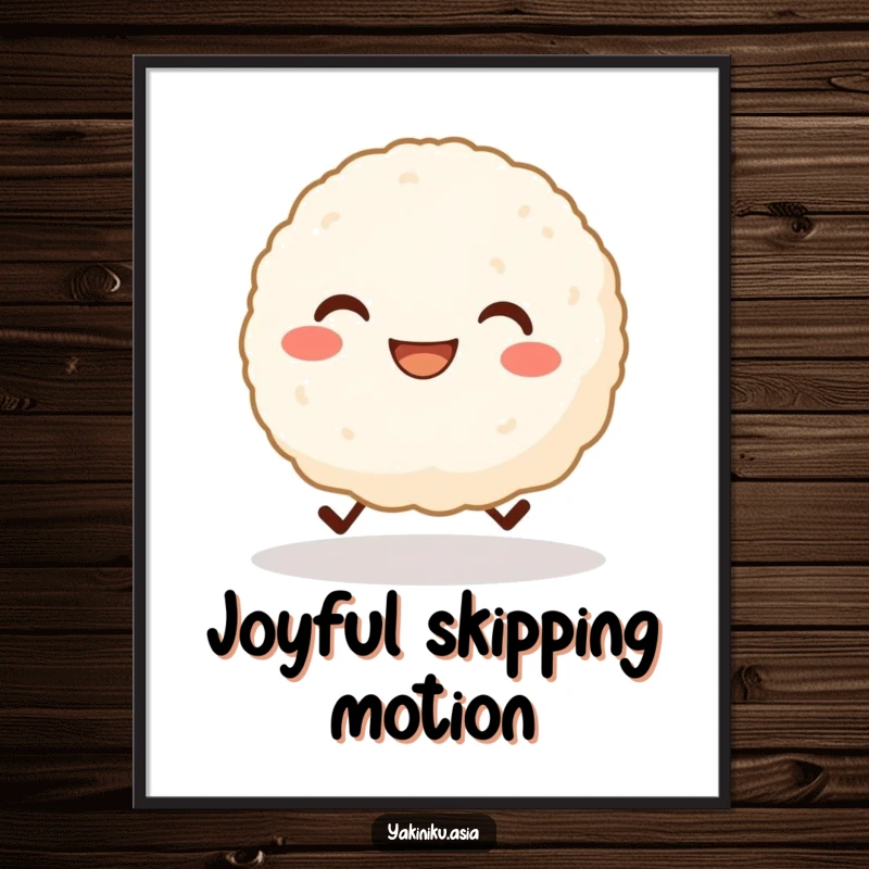 Funny digital art print of a grinning rice ball character with tiny legs cheerfully skipping, showing pure happiness. Amazing funny gift.