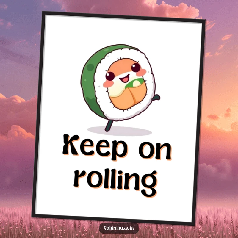 Funny sushi roll digital art print, captured mid-cartwheel with a huge smile, bringing energetic humor to any space.