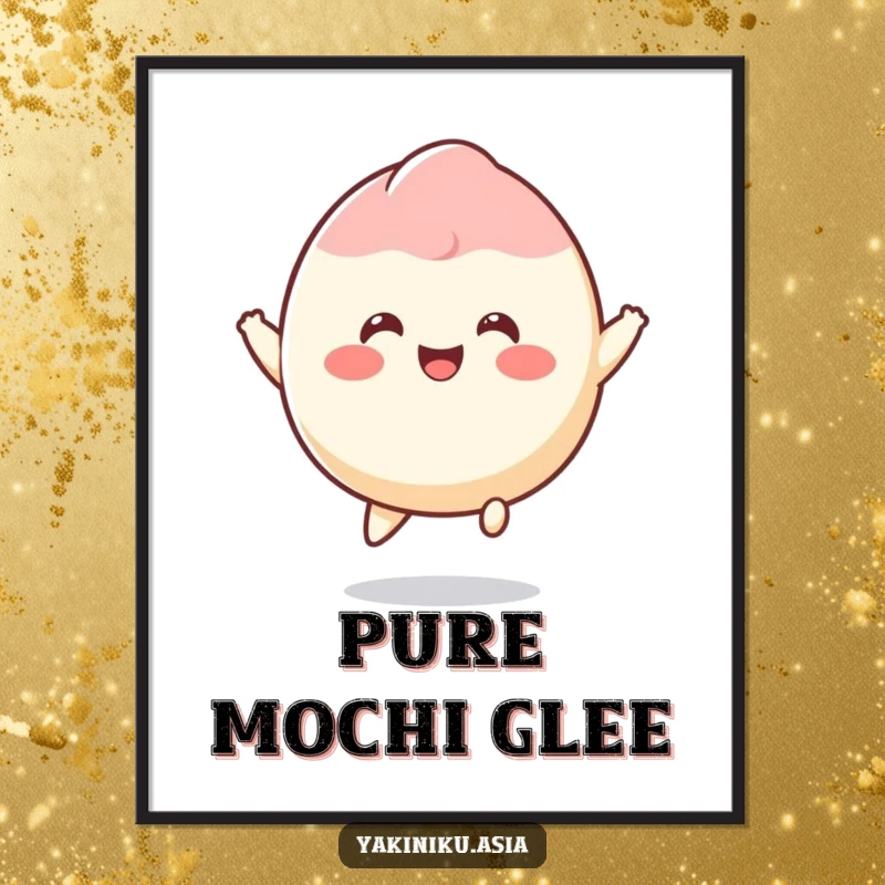 Funny mochi digital art print of a smiling dessert character joyfully bouncing, bringing happiness to any space.