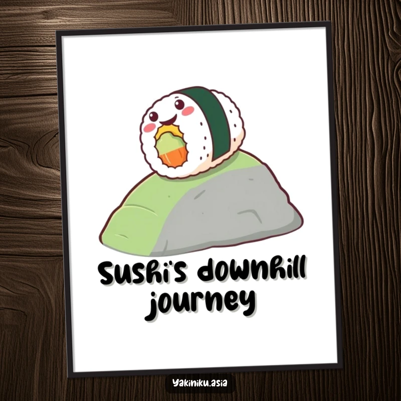 Funny digital art print of a stylized piece of sushi gleefully rolling down a hill, celebrating food fun. Amazing funny gift.